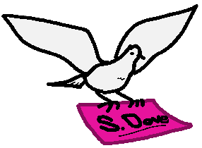 a cartoon drawing of a dove holding a letter that says 'S. Dove.'.